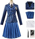 🌠 Le kit comprend : Kolegrial Femme Déguisement Nevermore Academy Uniforme Scolaire Set Veste Chemise Jupe Cravate Chaussettes et Gilet pour Fancy Dress Up Carnaval Halloween Party Anniversaire Masquerade Costume, Bleu