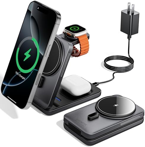 KPON for Magsafe Travel Charging Station, 3 in 1 Foldable Magnetic Phone Charger Stand for Apple, Wireless Charging Dock for Multiple Devices iPhone 17 16 15 14 13 12 Series/Apple Watch/Airpods