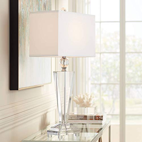 Modern Contemporary Art Deco Table Lamp 30.5" Tall Clear Crystal Trophy Off White Rectangular Shade for Living Room Bedroom House Bedside Nightstand Home Office Entryway - Vienna Full Spectrum