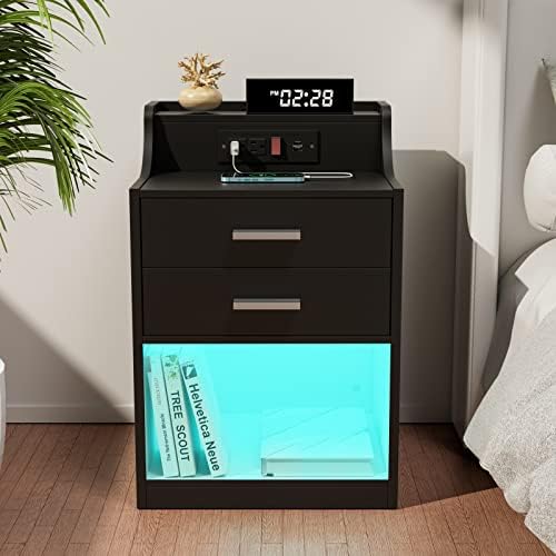 Saedew Nightstand with Charging Station and LED Lights, Black Nightstand Modern Design End Side Table with 2 Drawers, Black Nights tand Storage Cabinet for Bedroom