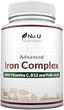 Nu U Nutrition Gentle Iron Supplement for Women & Men - 180 High Strength Vegan Capsules - with Vitamin C, B12 & Folic Acid - 6 Month Supply - from Ferrous Fumarate - Made in the UK - Nu U Nutrition