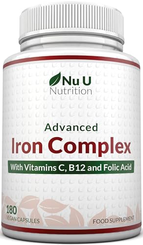 Gentle Iron Supplement for Women & Men - 180 High Strength Vegan Capsules - with Vitamin C, B12 & Folic Acid - 6 Month Supply - from Ferrous Fumarate - Made in The UK - Nu U Nutrition