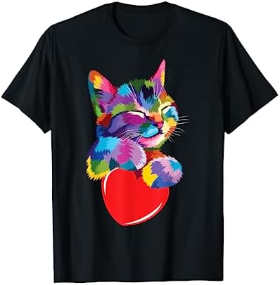 Cute Rainbow Cat Hugging Heart Kitty Love Cat T-Shirt