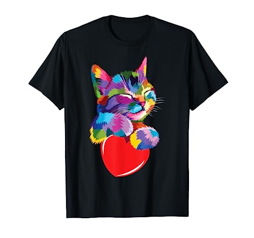 Cute Rainbow Cat Hugging Heart Kitty Love Cat T-Shirt #TOP1