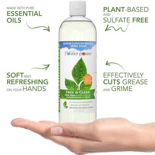 Image of Natural Flower Power Liquid Dish Soap - Free & Clear (Unscented) - Plant-Based & Scented w / Pure Essential Oils - Natural Dishwashing Detergent - Sulfate-Free Kitchen Soap - Vegan (16 Fl Oz 3 Pack)