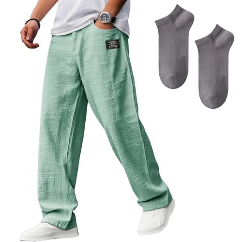 Men Casual Hemp Fabric Embroidered Pants, Mens Pants Relaxed Fit, Logo Drawstring Loose Elastic Waist Pocket Sweat Trousers