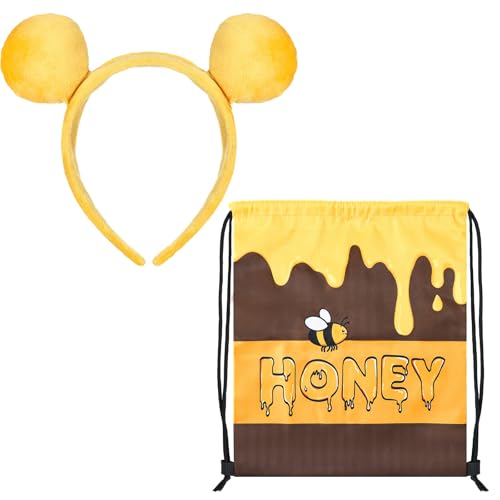 Sunnymove 2 Pcs Halloween Bear Costume Accessories Honey Bee Pot Bag Bear Ears Headband for Women Halloween Party(Drawstring Backpack)