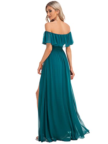 Ever-Pretty Women's Summer Off The Shoulder Flowy Chiffon Formal Wedding Guest Dresses Maxi Side Split Beach Bridesmaid Dress Teal US16