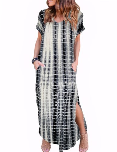 Image of Zilcremo Women Summer Casual Maxi Dress Loose Pockets Short Sleeve Split Boho Dresses Apricot