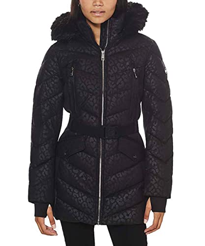 Michael Michael Kors Women's Logo Lepaord Belted Hood Puffer Coat Black...