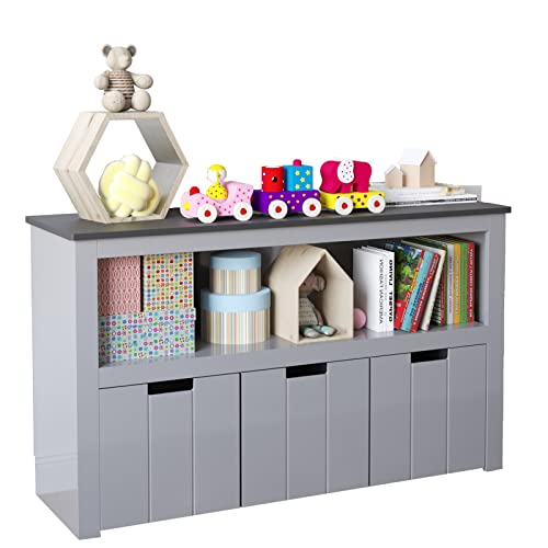 Image of SOSPIRO Kids Toy Storage Organizer with Bins, Toy Storage Cabinet with Bookshelf and Movable Drawers, Wooden Toy Box for Boys and Girls, Nursery, Playroom, Kids Room, Grey
