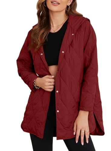 EVALESS Winter Coats for Women Diamond Quilted Jackets V Neck Button Up Shacket Dressy Casual Warm Winter Clothing Lightweight Puffer Jacket Business Work Outfits Long Hooded Outwear, Red X-Large