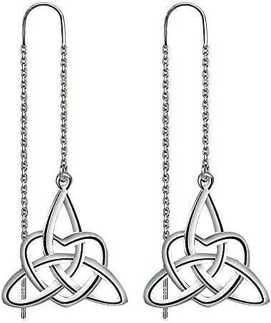 Meixao S925 Sterling Silver Celtic Knot Triangle Vintage Love Heart Needle Drop Threader Pull Through Earrings for Women