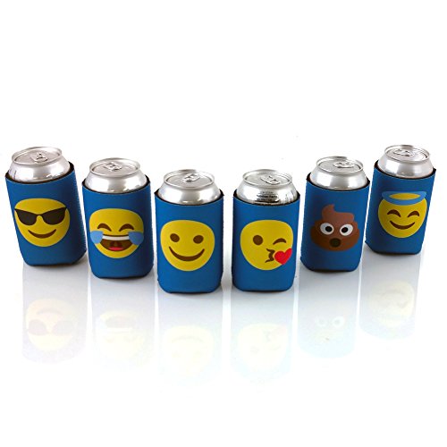 Beer Can Sleeves, Emoji Insulators for Cans and Bottles, 6 Pack of Collapsible Double Sided Coolies with 12 Designs