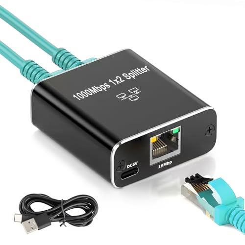OIHCAZ Ethernet Splitter 1 to 2 1000Mbps, RJ45 Network Switch 2 Port Gigabit Internet Cable Splitter with USB Power Cable for Computer Hub Router Digital TV