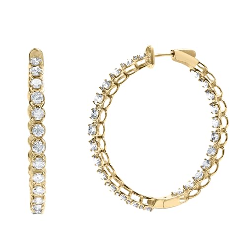 14K Yellow Gold 7.0 Cttw Round Brilliant Cut Diamond 1-¾ Inside Out Hinged Leverback Hoop Earrings (I-J Color, I1-I2 Clarity)