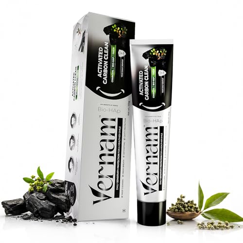 Image of Vernam Charcoal Whitening Toothpaste 70g | Timur Wood Activated Charcoal & Hydroxyapatite | Enamel Repair & Stain Removal | Fluoride-Free Anti Cavity, Gum Care | Vegan | 6% Bio-HAP, Fluoride Free & Activated Charcoal for Brighter Teeth