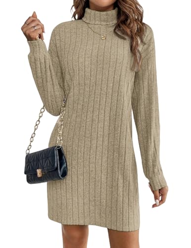 Zeagoo Strickkleid Damen Langarm Rollkragen Rippstrick Kleid Elegantes Pulloverkleid Herbst Winter Warmes Winterkleid Figurbetont Büro Freizeit Khaki...
