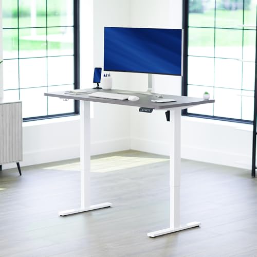 Image of VIVO Dark Gray 55 x 28 in Standing Desk, DESK-KIT-1W55G | Electric, Holds 220 lbs, Sit Stand, Height Adjustable, Solid One-Piece Table Top, Memory Presets, 1B Series, White Frame