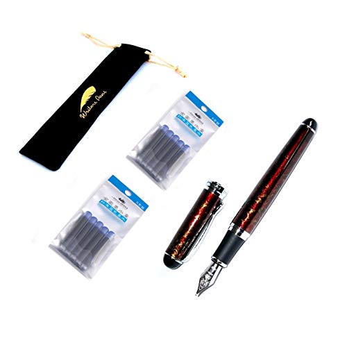 Writers Pens Jinhao X750 Lava Red Fountain Pen Set - Black Velvet Sleeve, 10 Blue Ink Cartridges - Medium Nib, Red & Gold Barrel With Silver Color Trims, Removable Ink Converter #TOP3