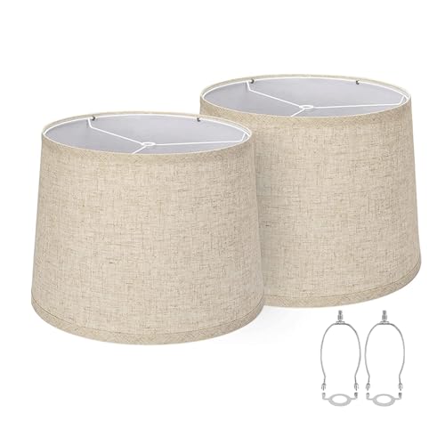 Fabric Lampshades Set of 2, Drum Lampshades for Table Lamps, Floor Lamps with 8 in Vertical Harp Support, Hand Crafted Replacement Lampshades (Linen)