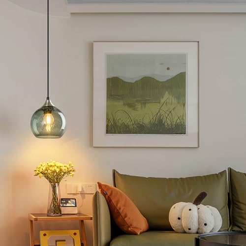 Image of Gray Green Glass Pendant Lights Kitchen Island Lighting Globe Pendant Light Fixtures Modern Pendant Lighting for Kitchen Island Bedroom Living Dining Room Light Fixture(5.9in, 1-Pack)