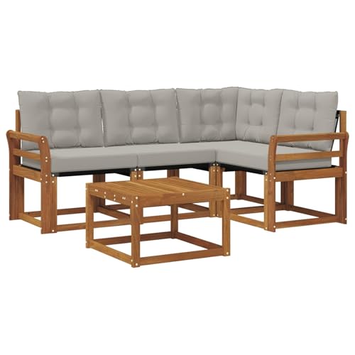 Canapé d'angle de jardin modulable en acacia | Coussins gris déperlants - 2