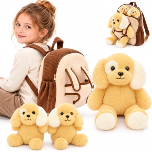 MorisMos Puppy Stuffed Animal, 11 Inch Mommy Dog with 2 Puppies&Backpack