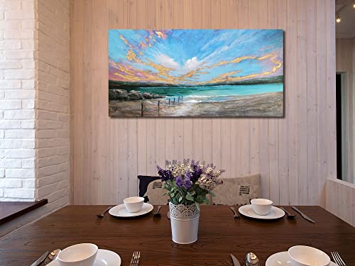 Arjun Ocean Summer Teal Wall Art Canvas Coastal Beach Painting Blue Sky Turquoise Landscape Picture Panoramic Gold Foil Textured Large Artwork Framed For Living Room Bedroom Bathroom Wall Decor 40"X20" #TOP3