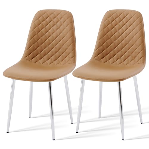 AINPECCA Set of 2 Faux Leather Dining Chairs Fabric Upholstered seat with Metal Legs Dressing Lounge Home (2, Coffee Silver Leg)
