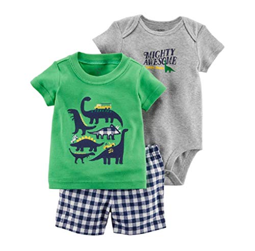 Ensemble bébé garçon dinosaure short carreaux coton d'été 3 pièces