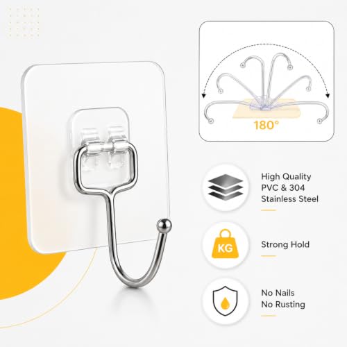 Image of KONVIO NEER Big Transparent Wall Hooks for Hanging - 10 Pack Self Adhesive Heavy Duty Stainless Steel Wall Hooks Without Drilling for Towels, Keys, Kitchen, Bathroom, Home & Office