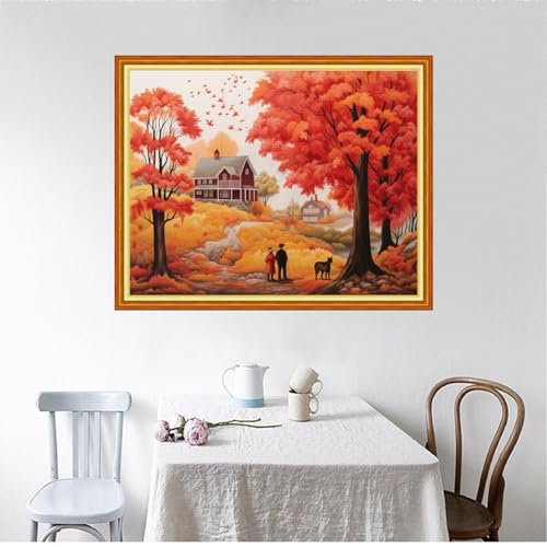Image of Foxhool Beginners Cross Stitch Kits Stamped Full Range of Embroidery Kits for Adults DIY Cross Stitches kit Embroidery Patterns for Needlepoint kit-Romantic Autumn 16x20 inch