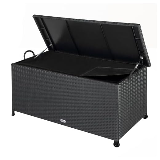 CASARIA® 270 Litre Polyrattan Garden Storage Box with Wheels | Waterproof UV Resistant | Inner Lining | 117x53x60cm Patio Furniture Cushion Chest with Gas Pressure Lift Lid | Black