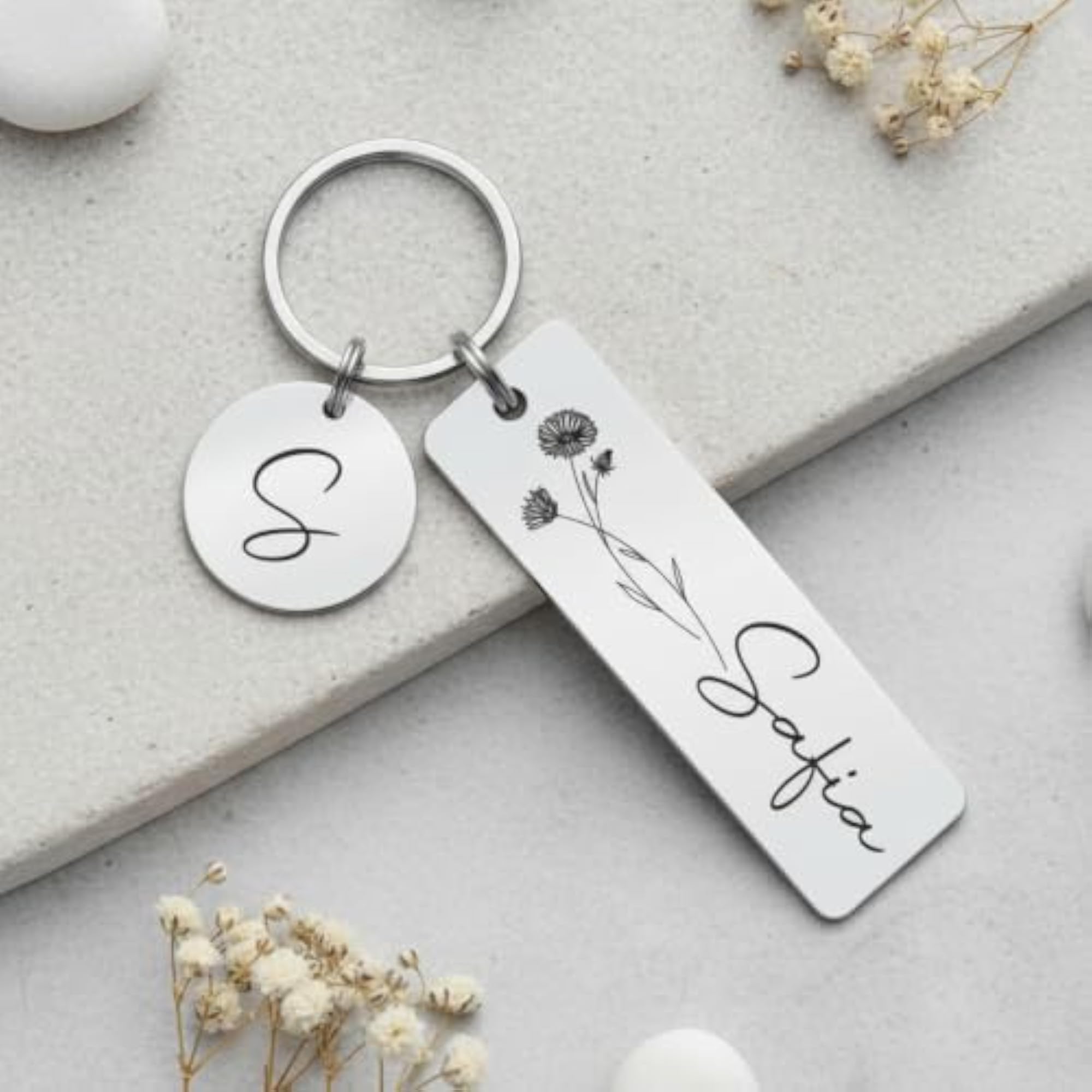 Personalized Birth Flower Keychain, Floral Initial Keepsake