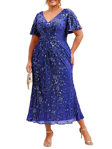 Image of Ever-Pretty Plus Women's Sequin V Neck Plus Size Prom Dress Mermaid Formal Cocktail Evening Dresses for Curvy Women