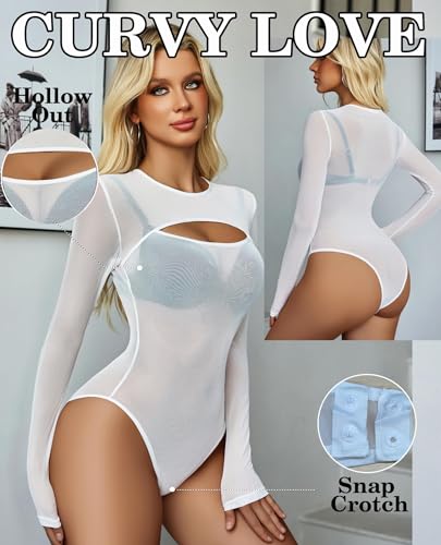 Image of GirlFriend Mesh Bodysuit for Women Long Sleeve Body Suit Sexy Tops Cut Out Leotard See Through Shirts Sheer Rave Outfits