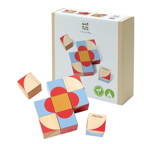 Image of PlanToys Wooden Geo Pattern Cubes | Montessori Puzzle Toy for Problem Solving, Logical Thinking and Visual Skills | STEM Learning Blocks with Numbers and Patterns | Eco Friendly Educational Toy