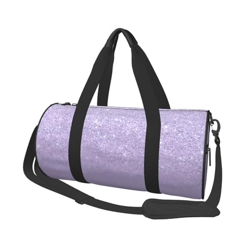Modern Purple Lavender Glitter Ombre Color Block Duffle Bag, High Capacity Round Sports Luggage Bag With Interior Organizer & Side Storage Pockets