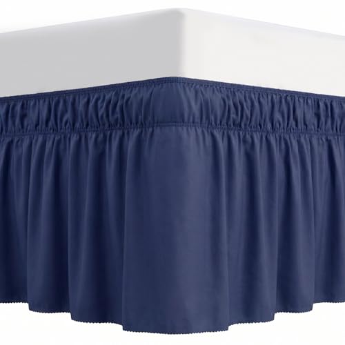 Queen Size Bed Skirt 16 Inch Drop Wrap Around Dust Ruffle with Elastic Band Wrinkle & Fade Resistant Conceals Under Bed Storage Navy Blue