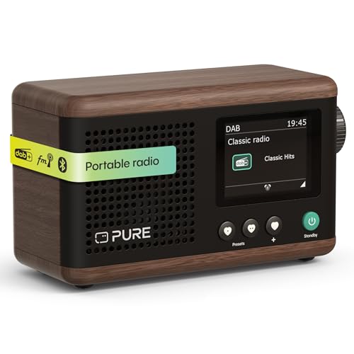 Pure Classic Mini Portable digital radio - DAB+ & FM - Bluetooth 5.3-15 hours battery life - 2 equaliser options - 2.4 inch colour display - Carrying strap - brown/walnut - Compact & lightweight