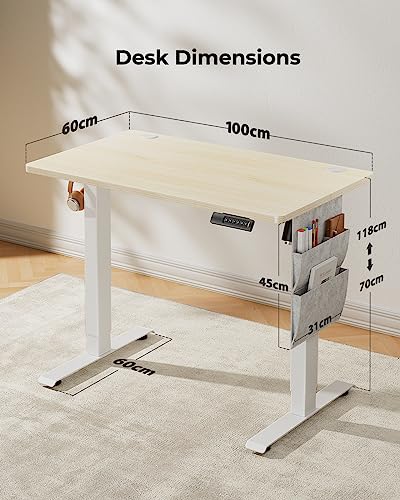 Image of Marsail Height Adjustable Desk, Electric Height Adjustable Desk with Storage Bag, Standing Desk for Home Office, Computer Desk, Memory Preset with Headphone Hook, 60 x 100 cm