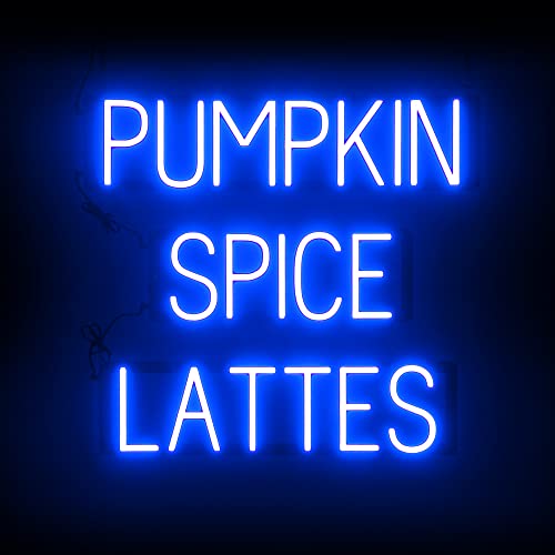 Image of SpellBrite LED Neon PUMPKIN SPICE LATTES Sign - Blue, 26 inch x 24 inch | Ultra-Bright Click-Together Signage for Cafes, with Visibility from 500 Feet - 8 Animations, 6 Brightness Settings