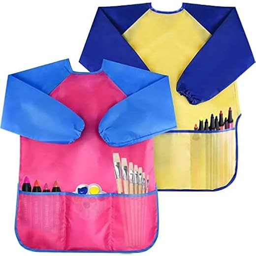 Bata De Plastico Niño Pintura,2 Piezas Bata Impermeable Niño Delantal Plastico Niños Delantal Pintura Infantil Pintor Niño Con 3 Bolsillos, Apto Para Niños De 2 a 8 Años,Polvo y Pintura(Amarillo+Rojo)