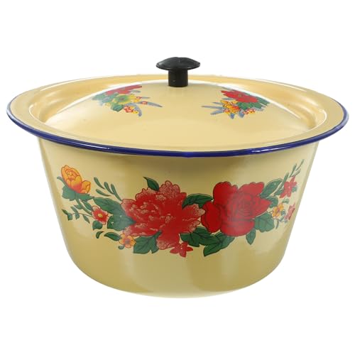 TOMETURE Lavabo Esmaltado Retro con Tapa, Cuenco Vintage de 18 Cm, Olla Multifuncional para Cocina Doméstica, Recipiente Resistente y Seguro, Adecuado para Hogar y Restaurante