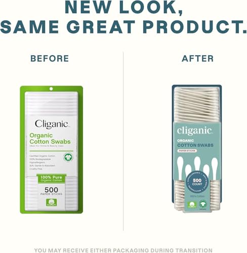 Image of Cliganic Organic Cotton Swabs, 1500 Count - 100% Pure Natural Cotton, Chlorine-Free Hypoallergenic, Soft, Gentle & Absorbent Buds