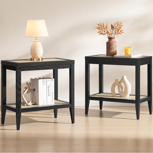 Image of SICOTAS Rattan Bedside Table Set of 2, End Table with Storage | Farmhouse Boho Night Stand with Open Shelves, Living Room Table Set of 2 for Bedroom, Living Room, Small Spaces