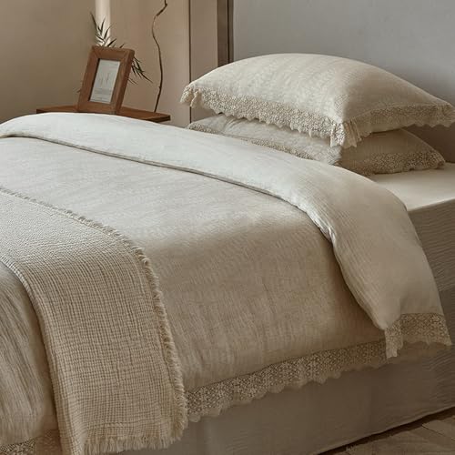 Copripiumino in lino, per letto matrimoniale, con volant, traspirante, comodo, con federe increspate, per tutte le stagioni, lenzuolo con angoli