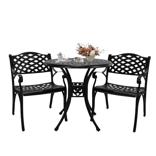 PATIO-IN 3 Piece Outdoor Dining Set,Cast Aluminum Bistro Set with Umbrella Hole, All Weather Patio Furniture Set, Small Patio Dining Set for Garden/Balcony/Deck, Black