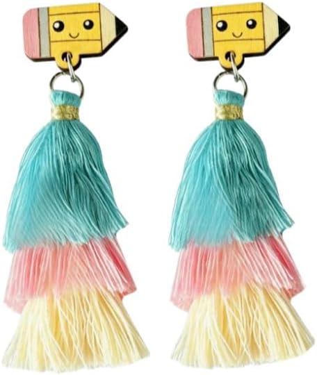 Cute Pencil and Apple Stud Tassel Earrings - Tops with Layered Fringe, Wooden Kawaii Dangles for Educators & Campus Wear image 5